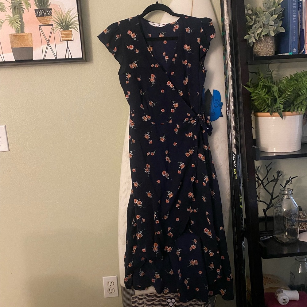 Navy blue - high-low, false wrap dress.